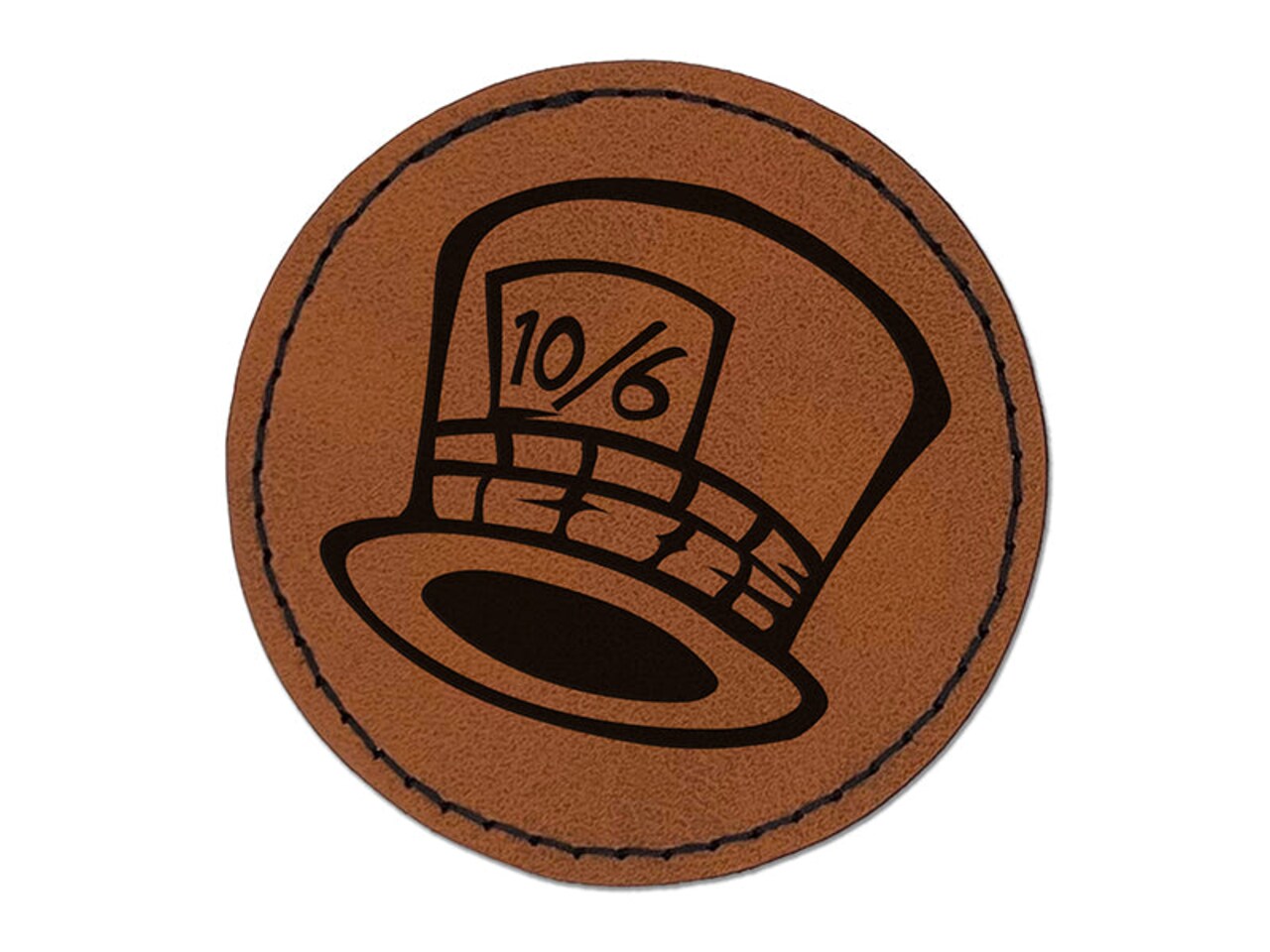 Mad Hatter Hat from Alice in Wonderland Round Iron-On Engraved Faux Leather Patch Applique - 2.5"